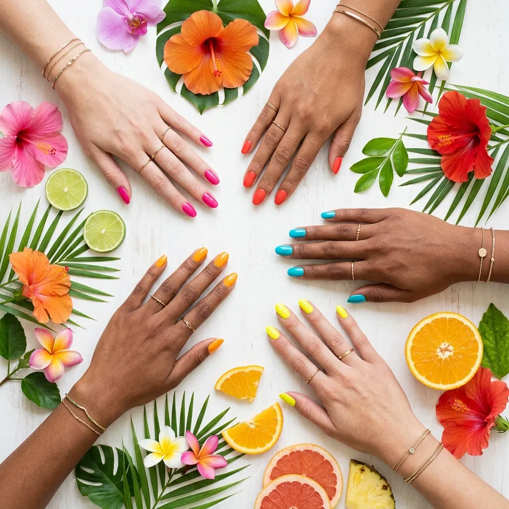 Tropical bright vacation nail color palette 2026 flat lay overhead