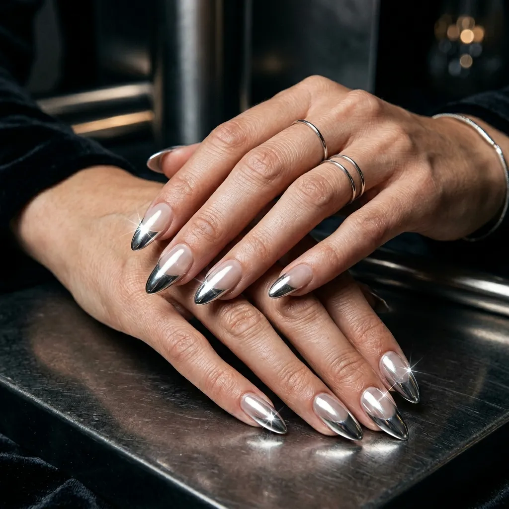 Mirror chrome french tip nails with high-shine reflective metallic finish