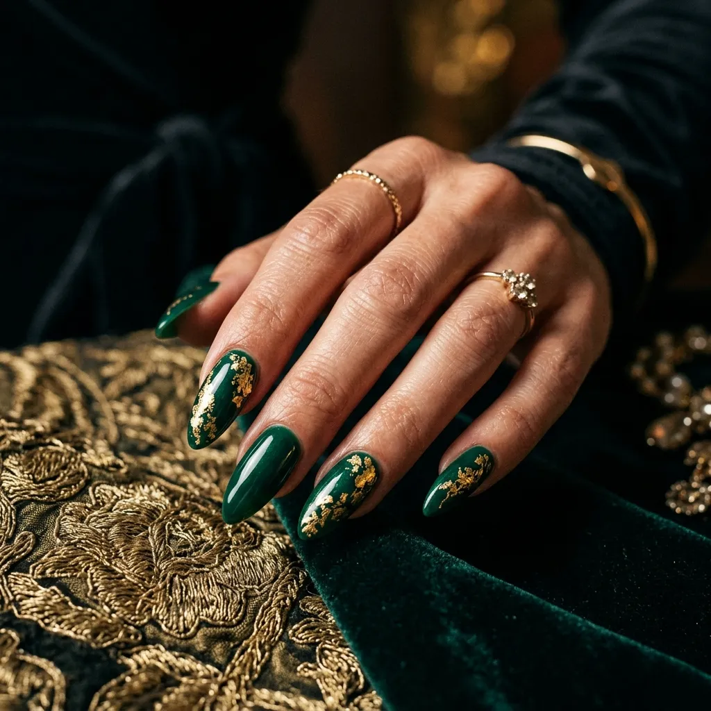 bruno mars nail art almond emerald gold foil long