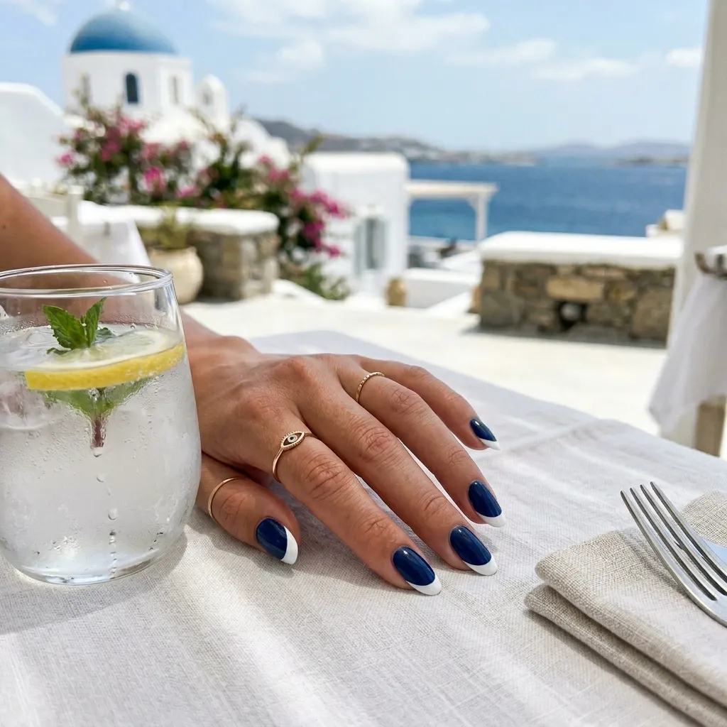 coastal aqua French tip beach nails 2026 almond shape