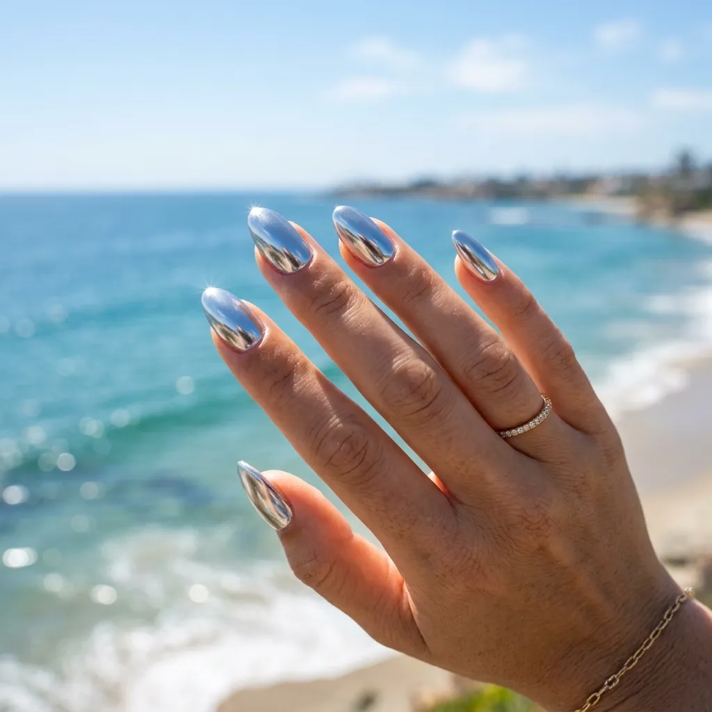 silver mirror chrome beach nails 2026 almond shape