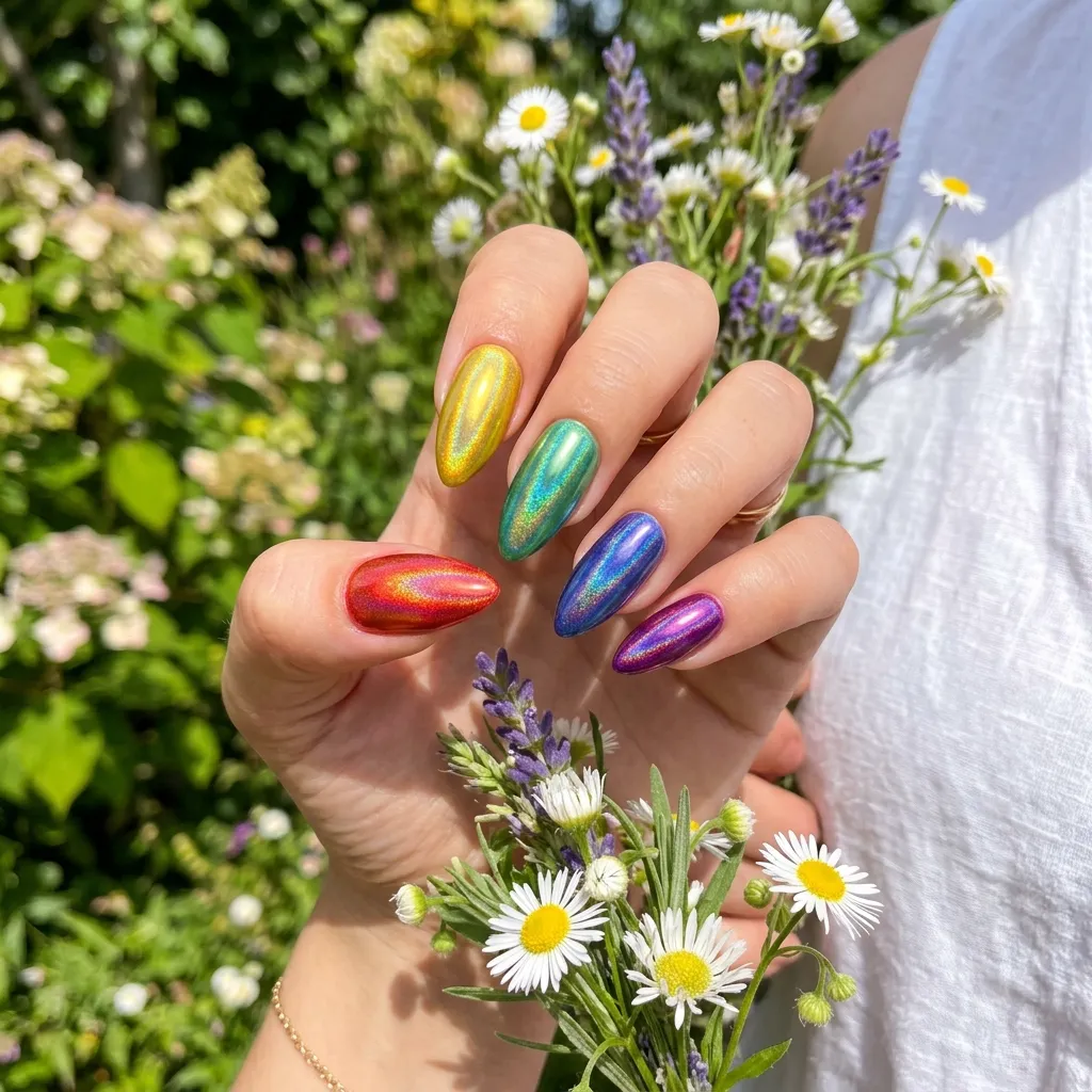 chrome rainbow pride nails 2026 holographic mirror finish