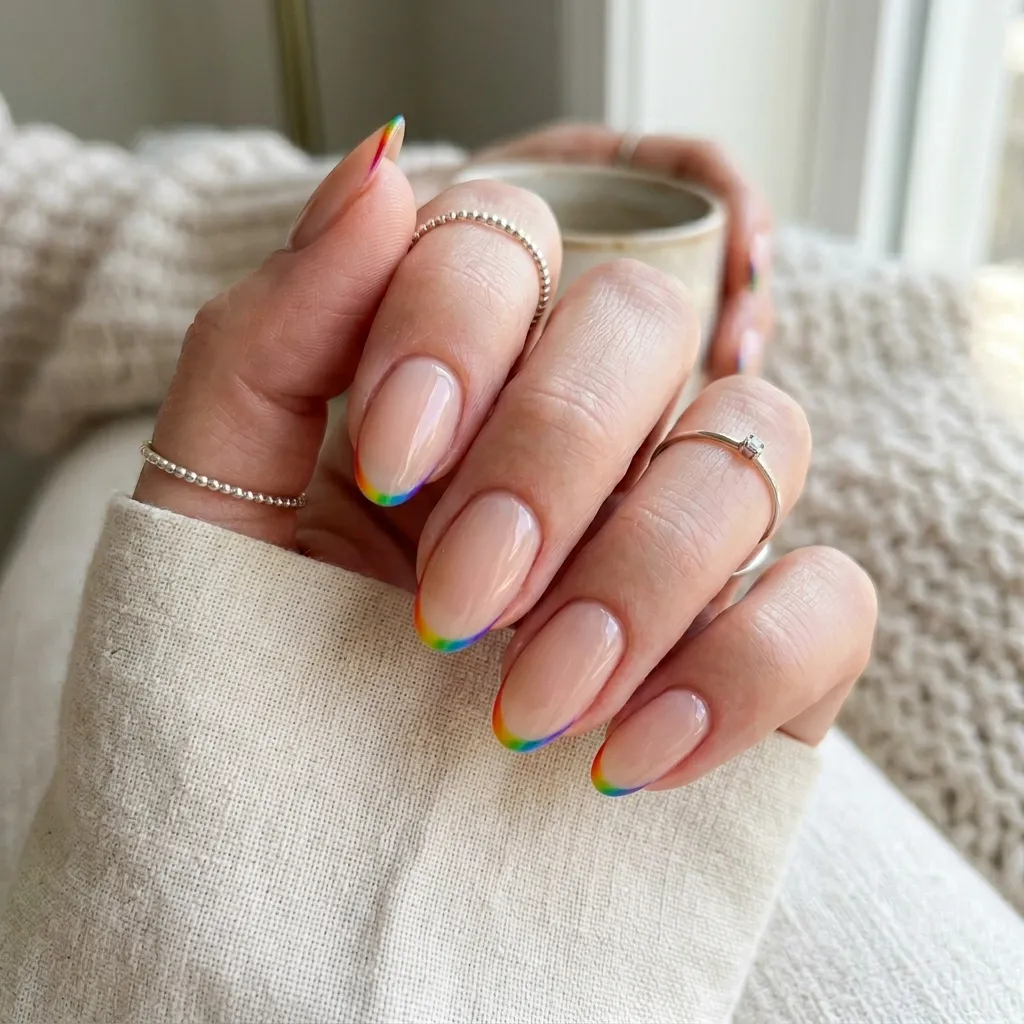 subtle pride nail rainbow micro French tips almond nails