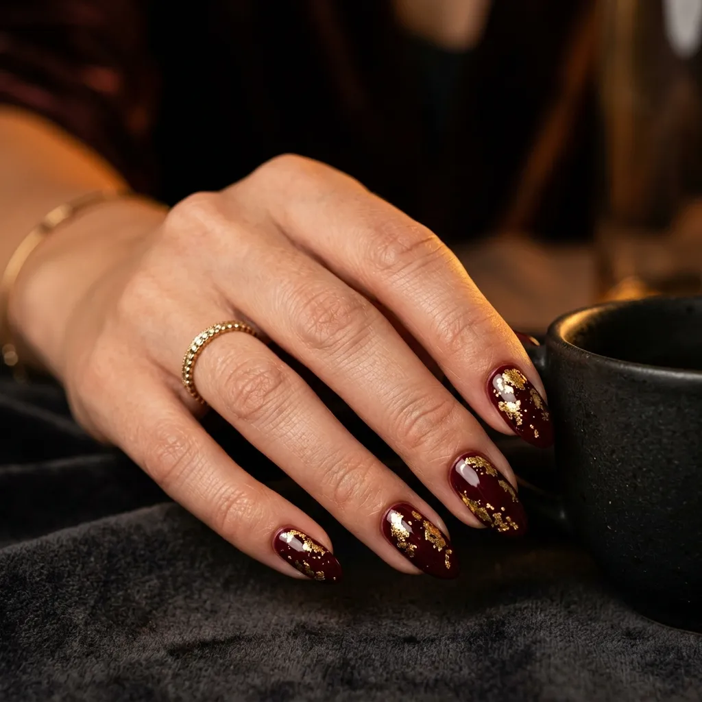 bruno mars nails 2026 burgundy gold foil hero