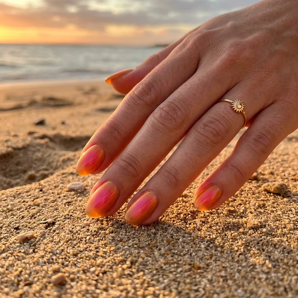 sunset aura beach nails 2026 coral orange glow