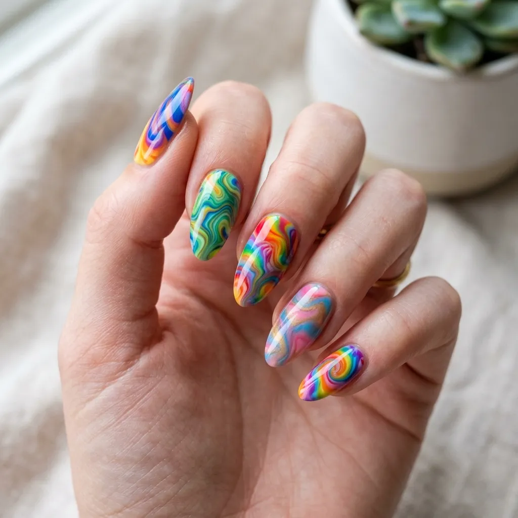 rainbow swirl pride nail art gel marbled 2026