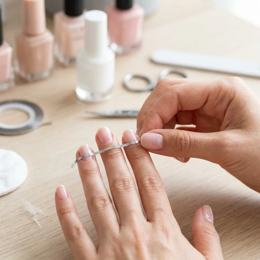 applying nail tape for rainbow French tip pride nails diy