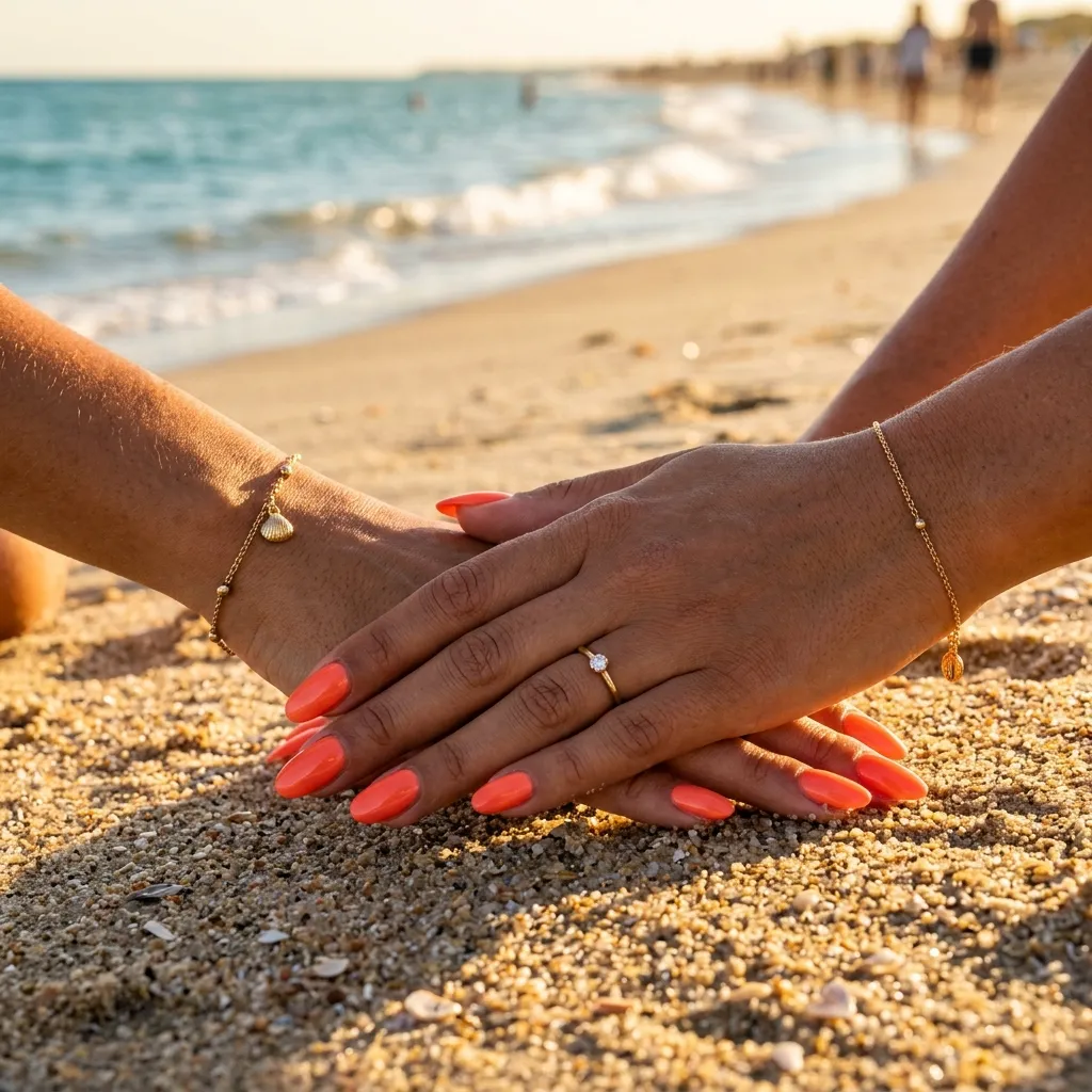 coral orange gel polish beach nails 2026 on tanned skin
