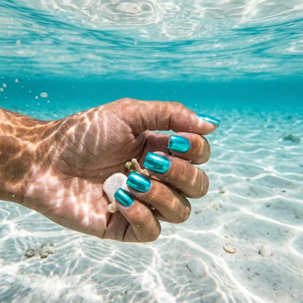turquoise chrome beach nails 2026 in tropical ocean water