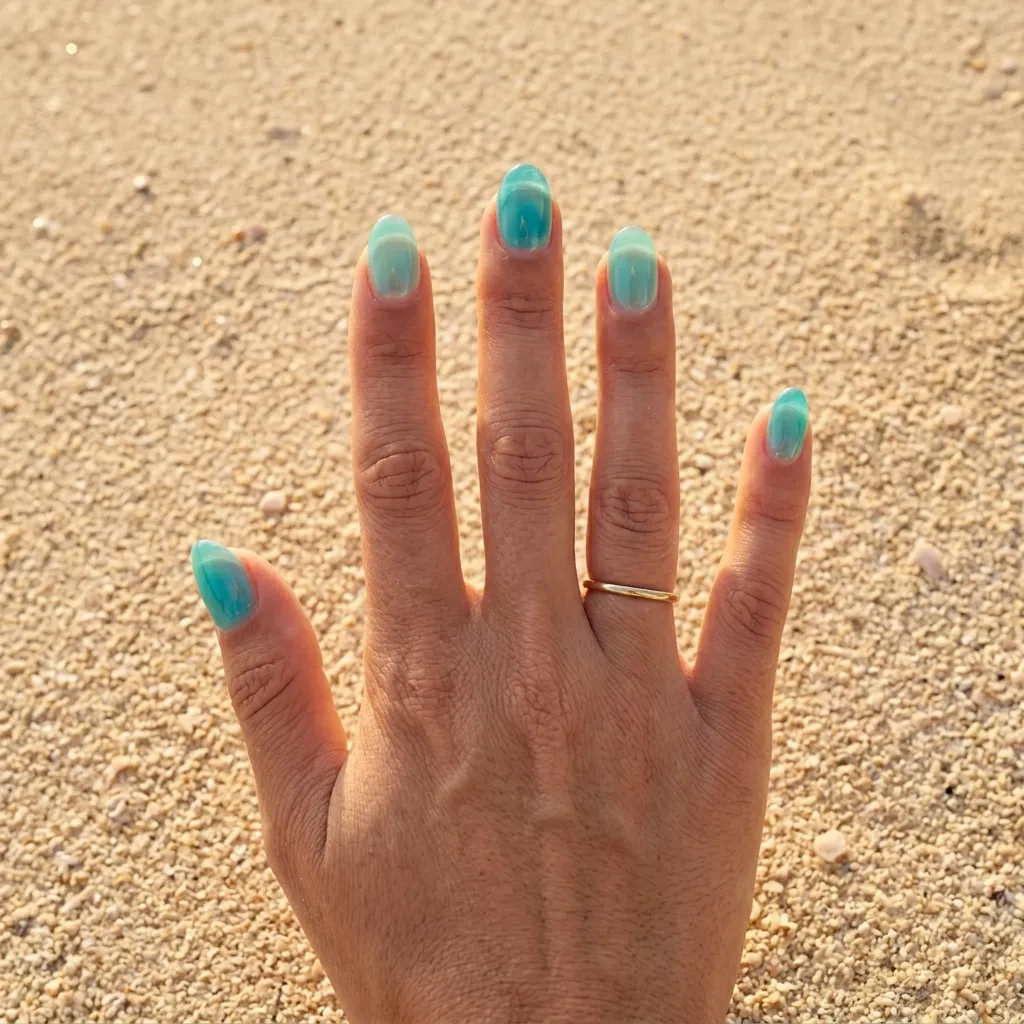 jelly aqua beach nails 2026 on sand with ocean background