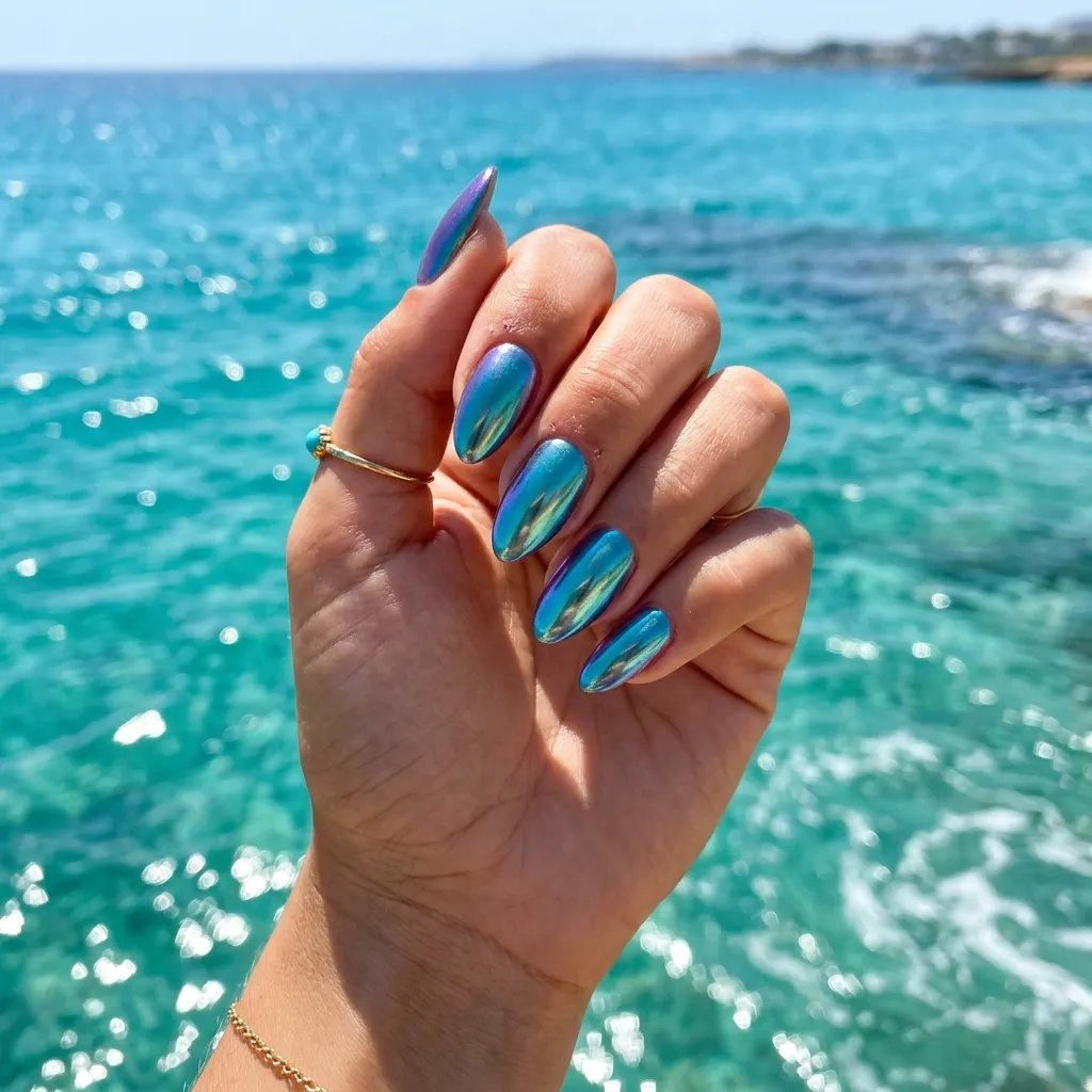 mermaid chrome beach nails 2026 teal to purple iridescent