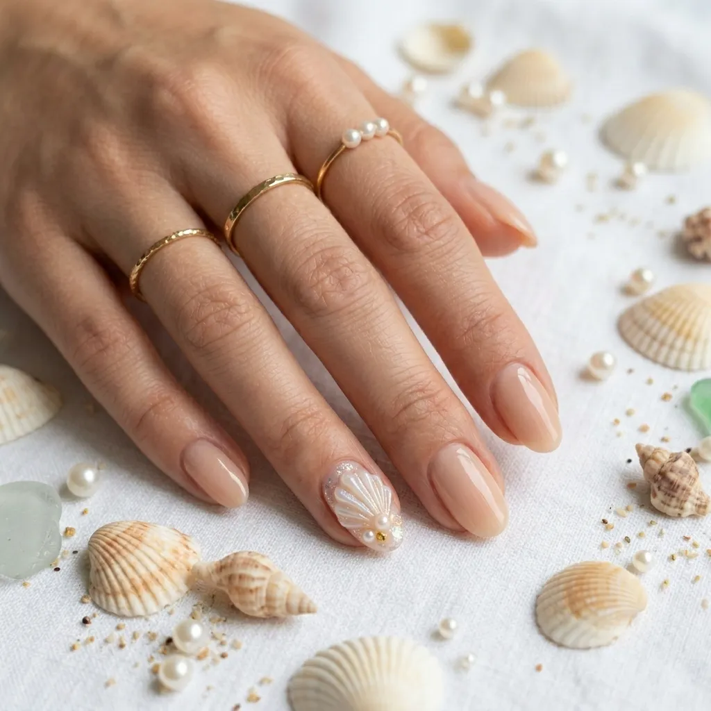 seashell and pearl nail art for beach nails 2026