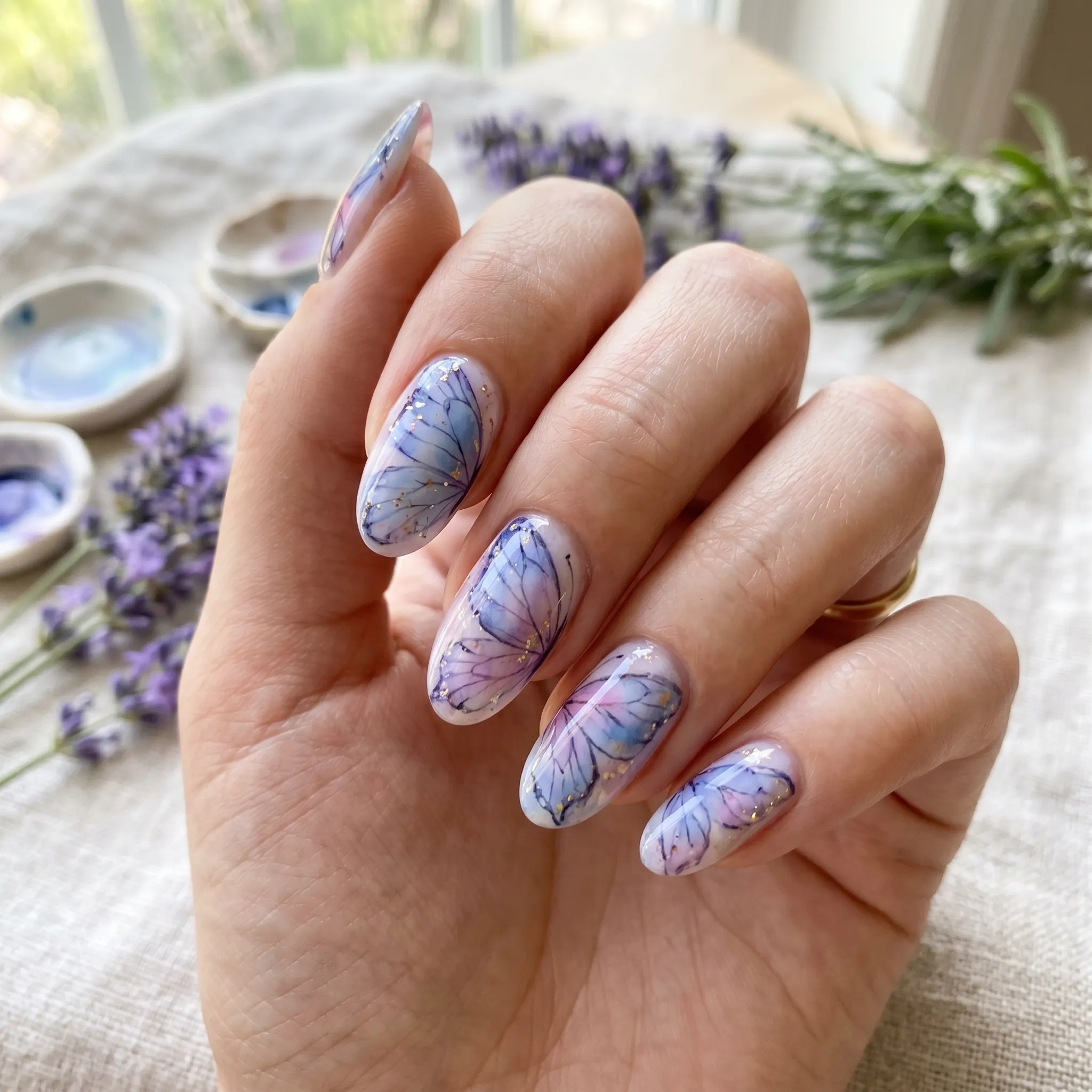 Watercolor butterfly wing nail art in blue and purple on oval nails