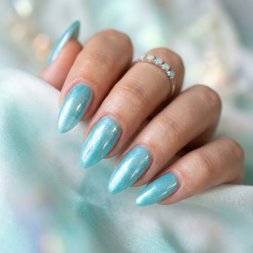 July Nails 2026 aqua glazed blue almond nails