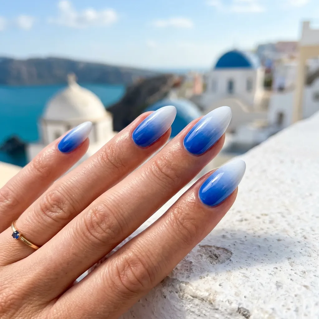 Greek island ombre nails fading from cobalt blue to white