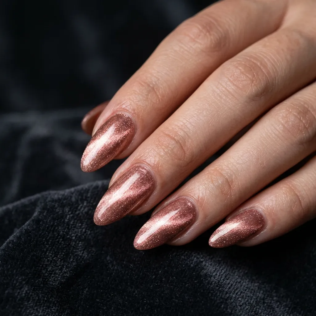 July Nails 2026 rose gold cat eye almond nails