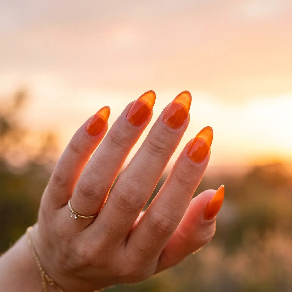 sunset orange jelly nails translucent almond shape 2026