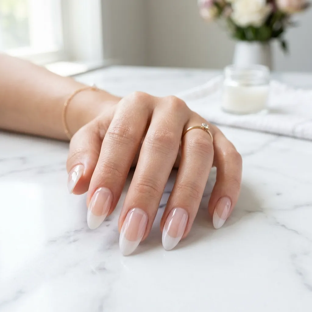 jelly French tip nails 2026 clear base white tip almond