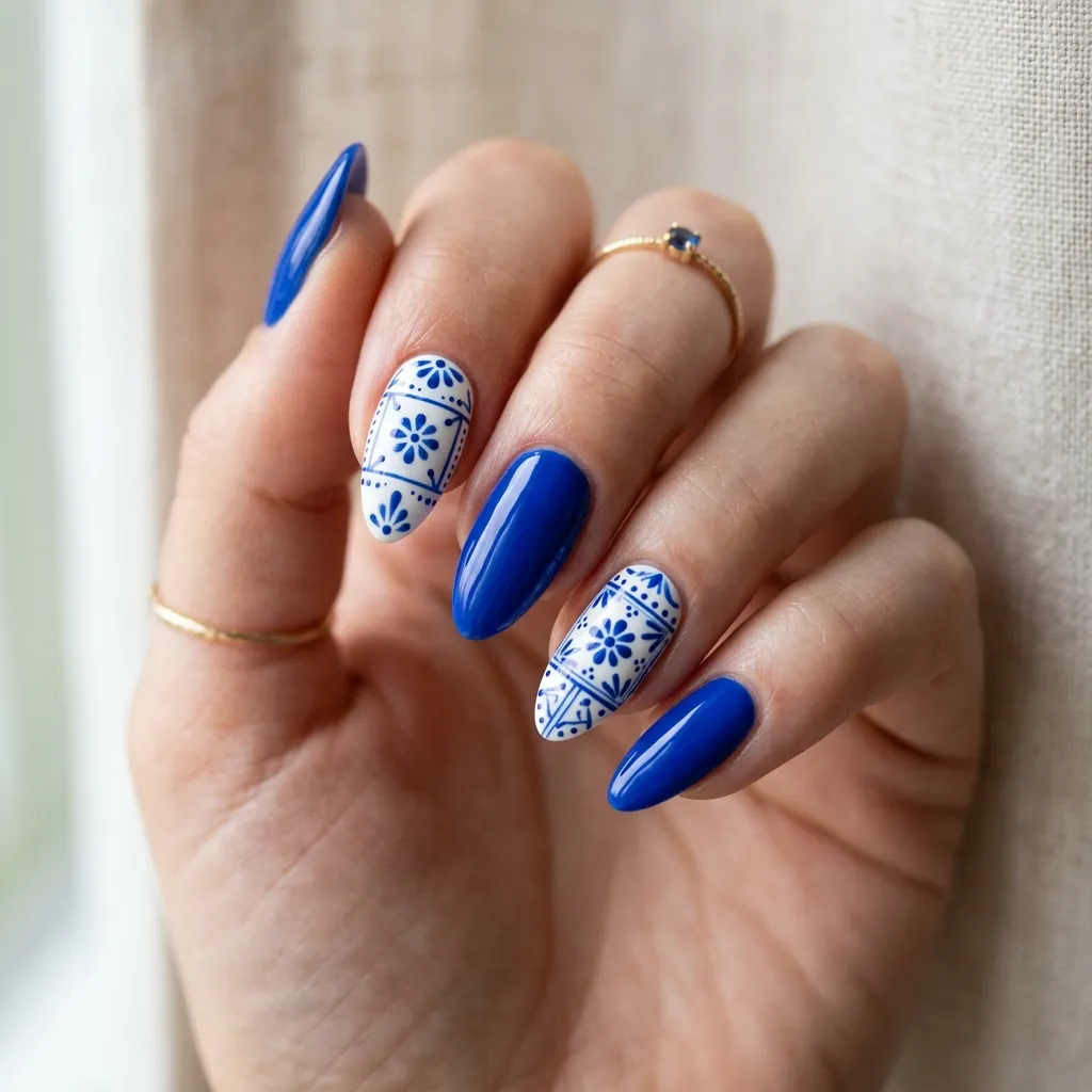 Positano floral mediterranean nails with hand-painted blooms on almond nails