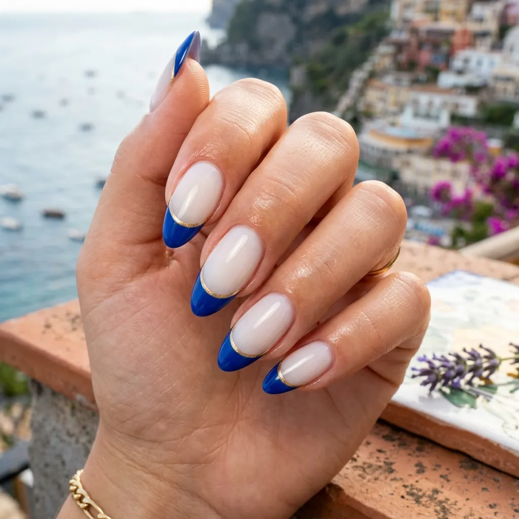 Cobalt French tip nails with gold edge on milky white base