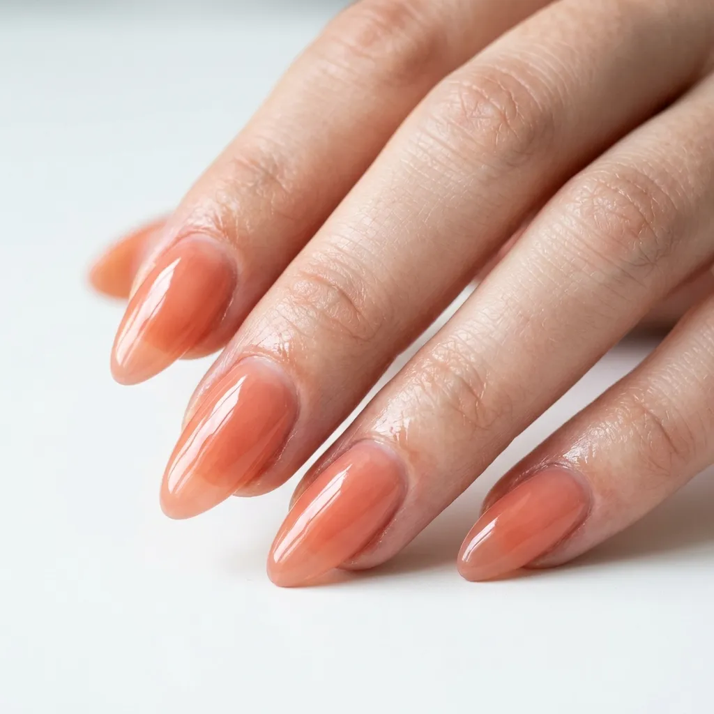 July Nails 2026 peachy coral glazed jelly almond nails
