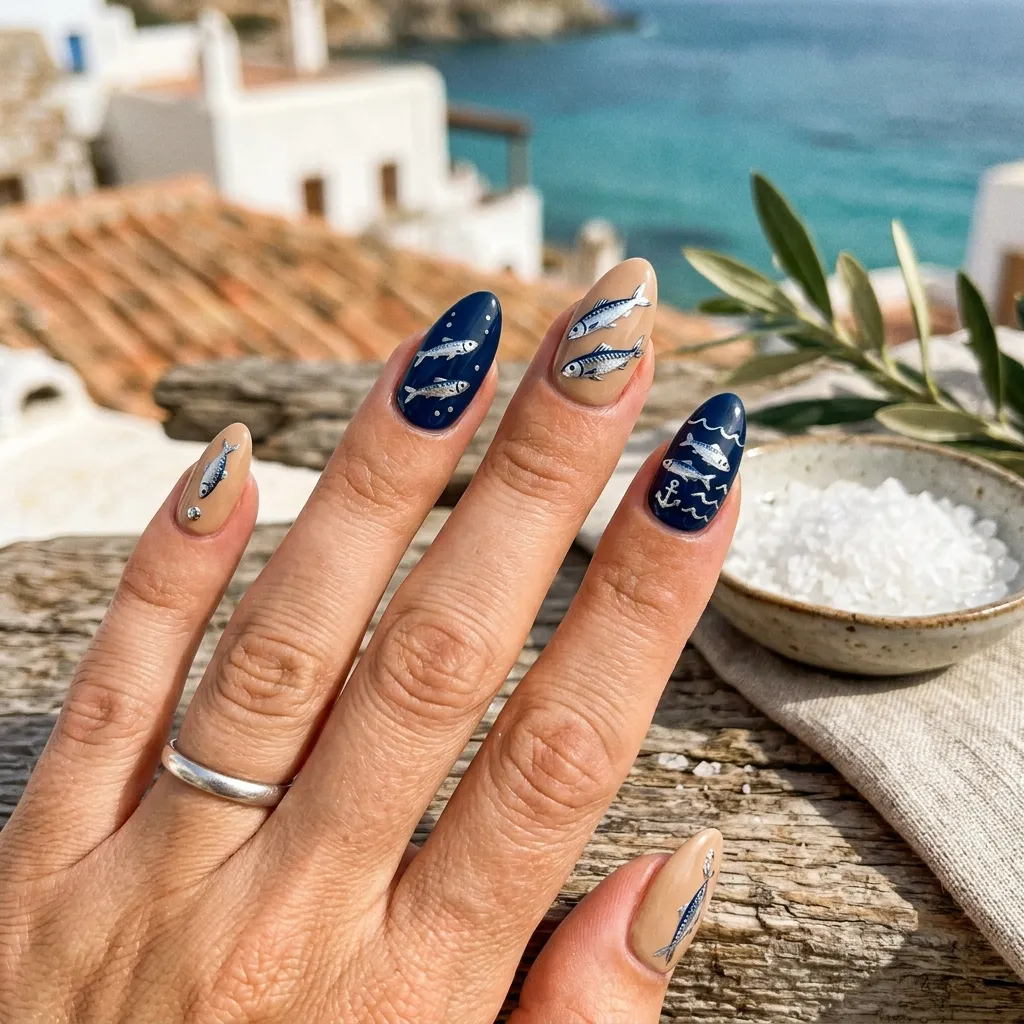 Sardine nails with tiny illustrated fish on coastal Mediterranean palette