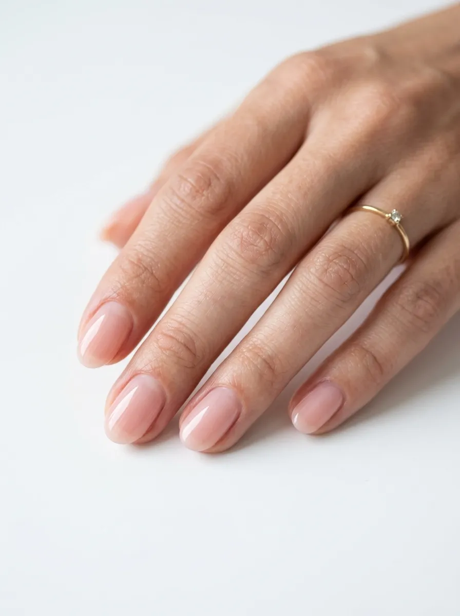 sheer blush wedding guest nails 2026