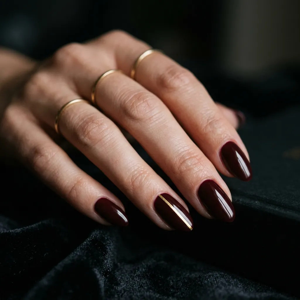 striped nails 2026 metallic gold stripe on burgundy