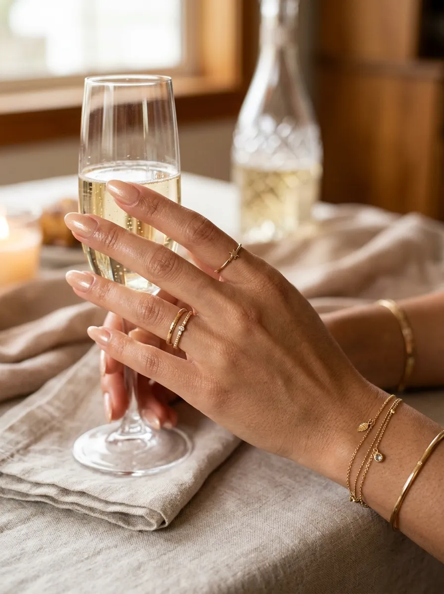 champagne nude wedding guest nails 2026