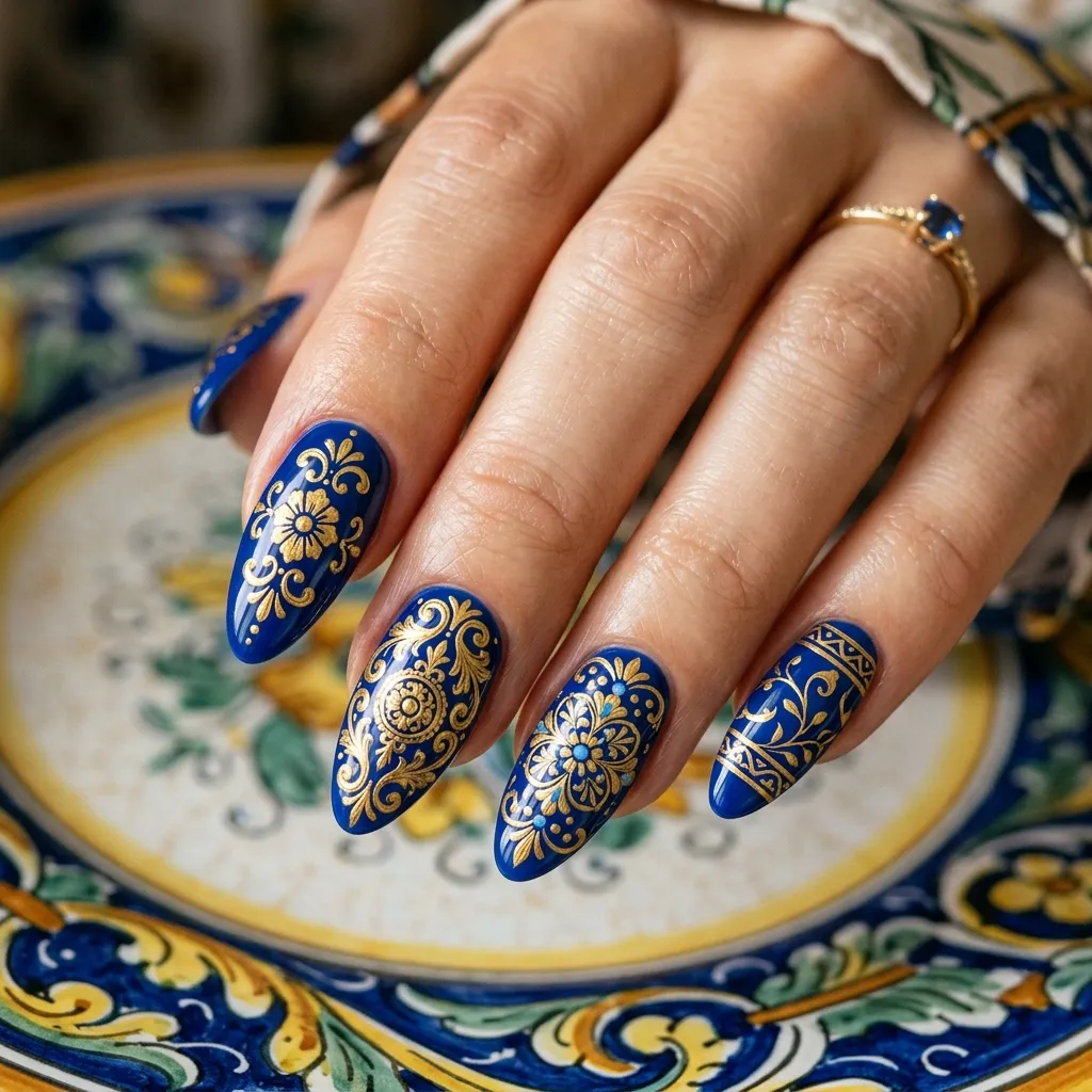 Majolica blue and gold mediterranean nails with intricate painted detail