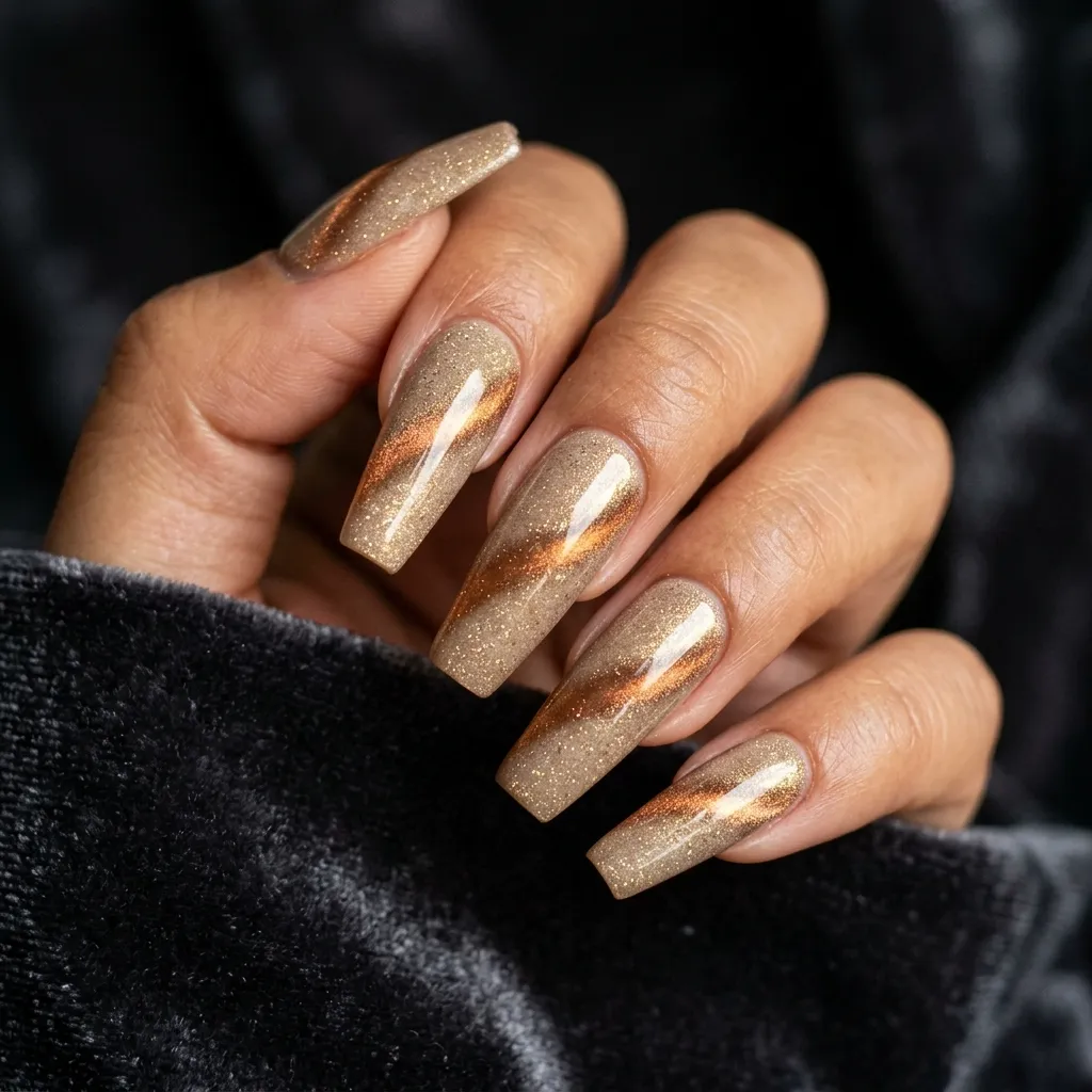 July Nails 2026 sand gold cat eye coffin nails