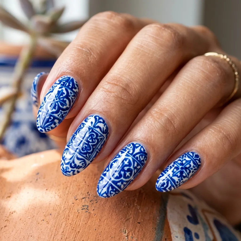 Long-lasting mediterranean nail art with glossy gel topcoat finish