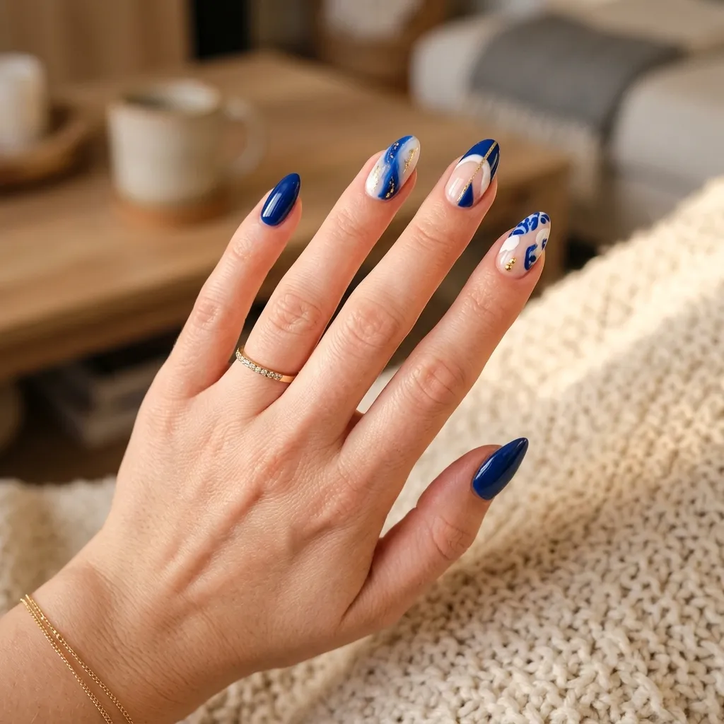 greek nails 2026 almond shape blue and white