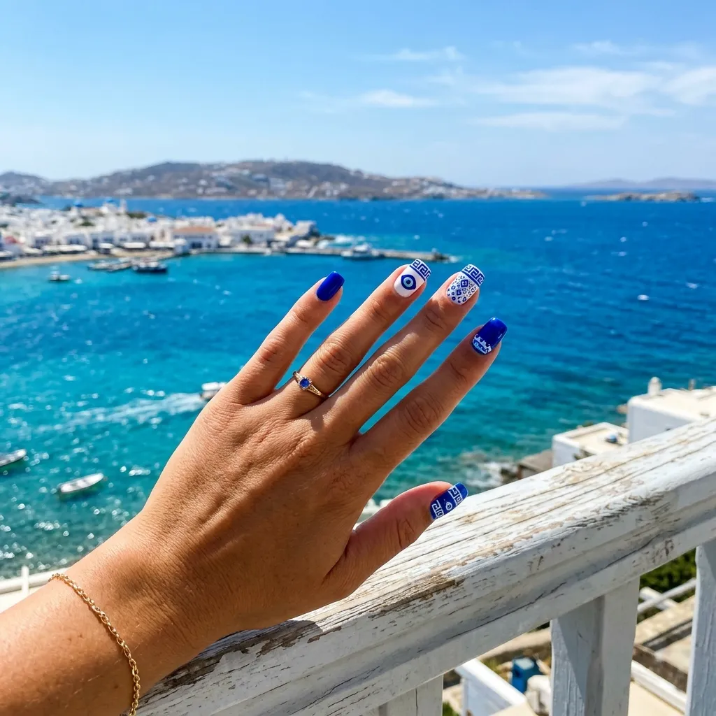 greek nails 2026 vacation blue sea background