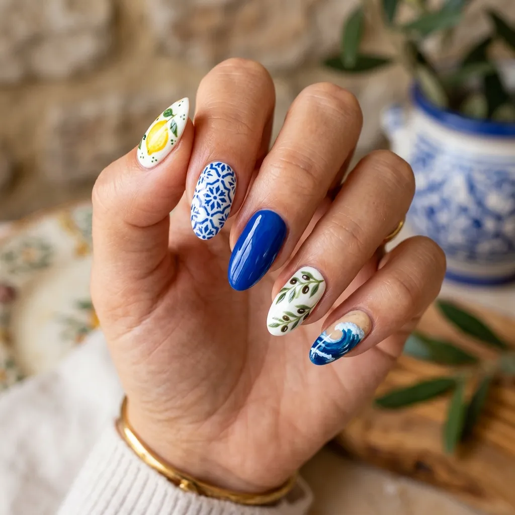 Mixed mediterranean nails set with lemon tile cobalt olive and wave motifs