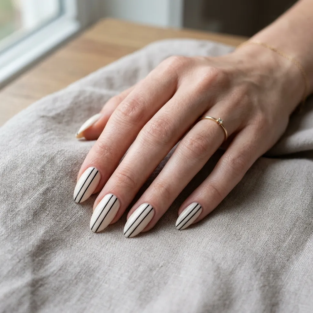 striped nails 2026 black and white almond design
