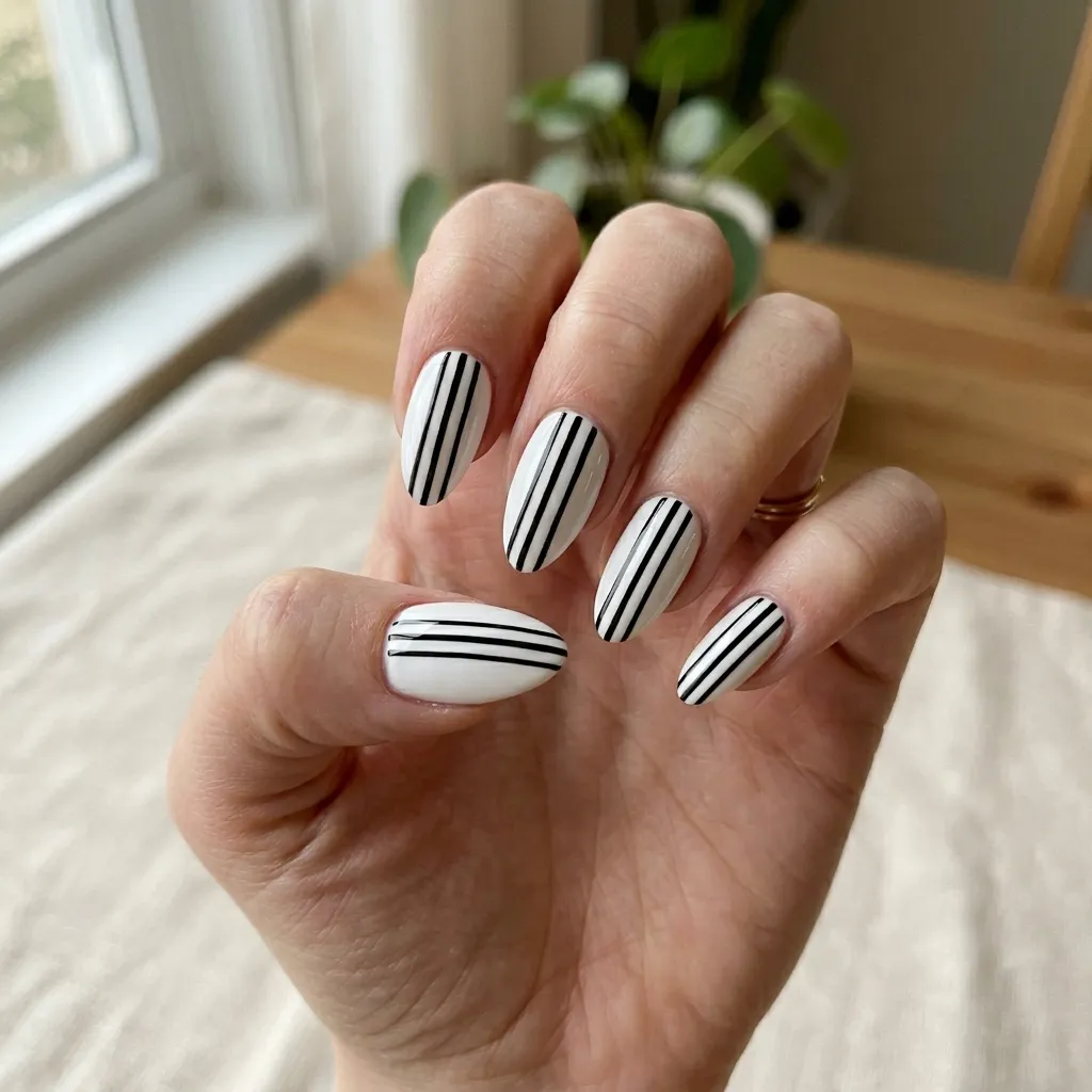 striped nails 2026 classic black and white short square