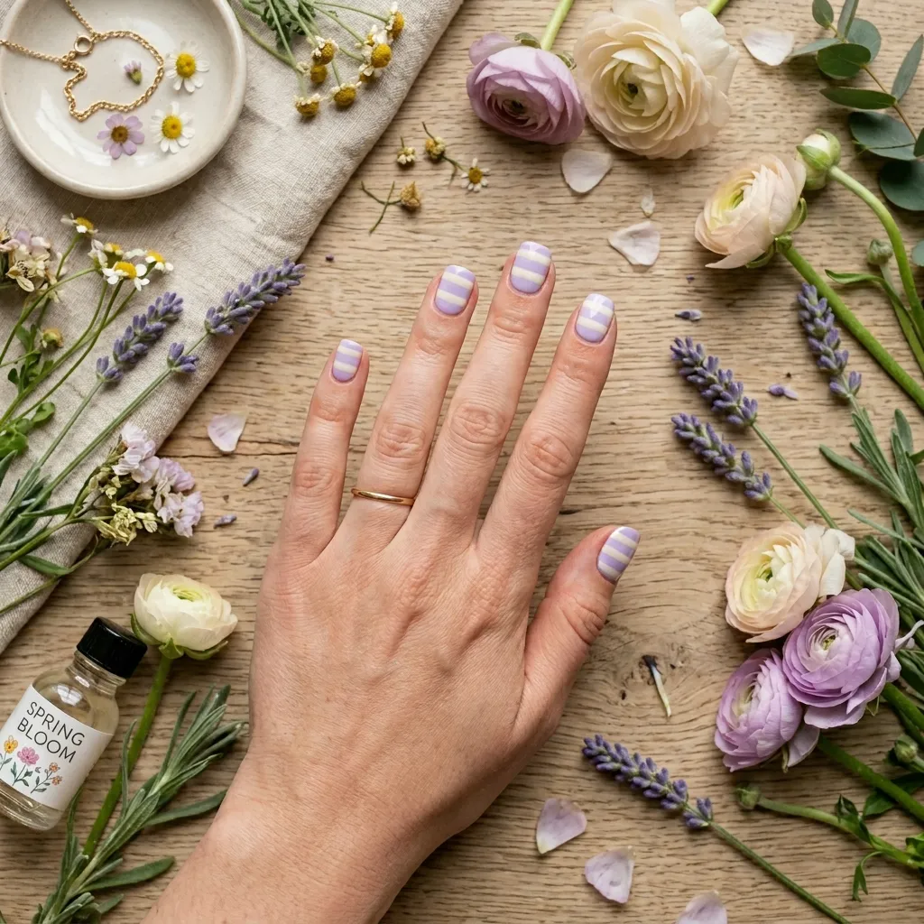 striped nails 2026 pastel lavender and cream