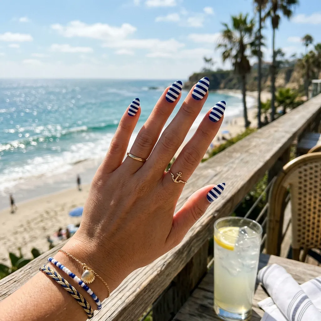 striped nails 2026 sailorcore navy and white