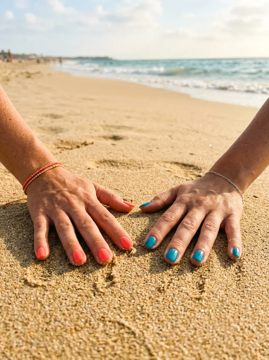 coral teal mismatched nails 2026 beach