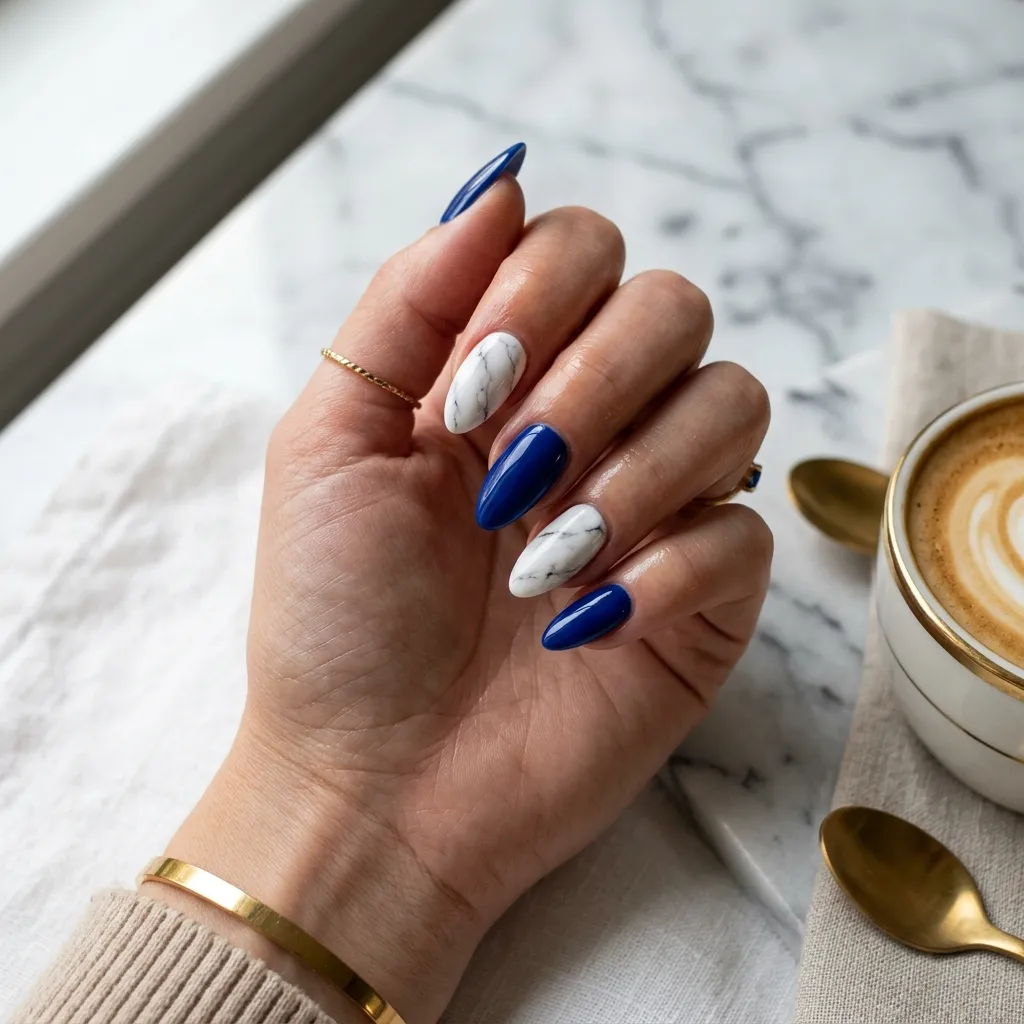 greek nails 2026 marble and cobalt blue design