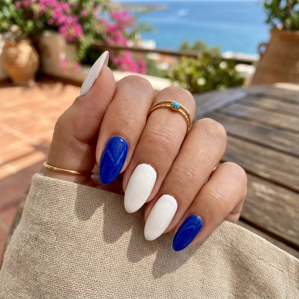greek nails 2026 blue and white almond design