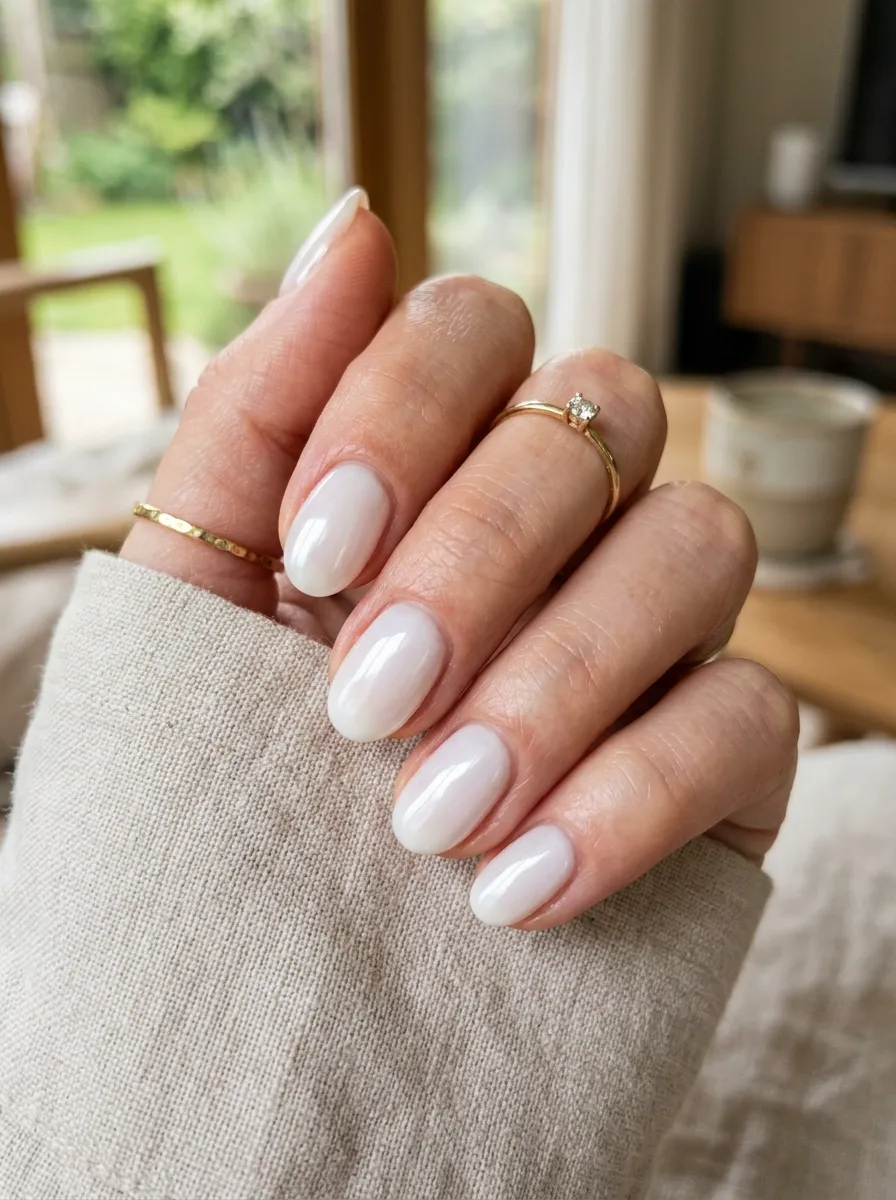 glazed nude wedding guest nails 2026