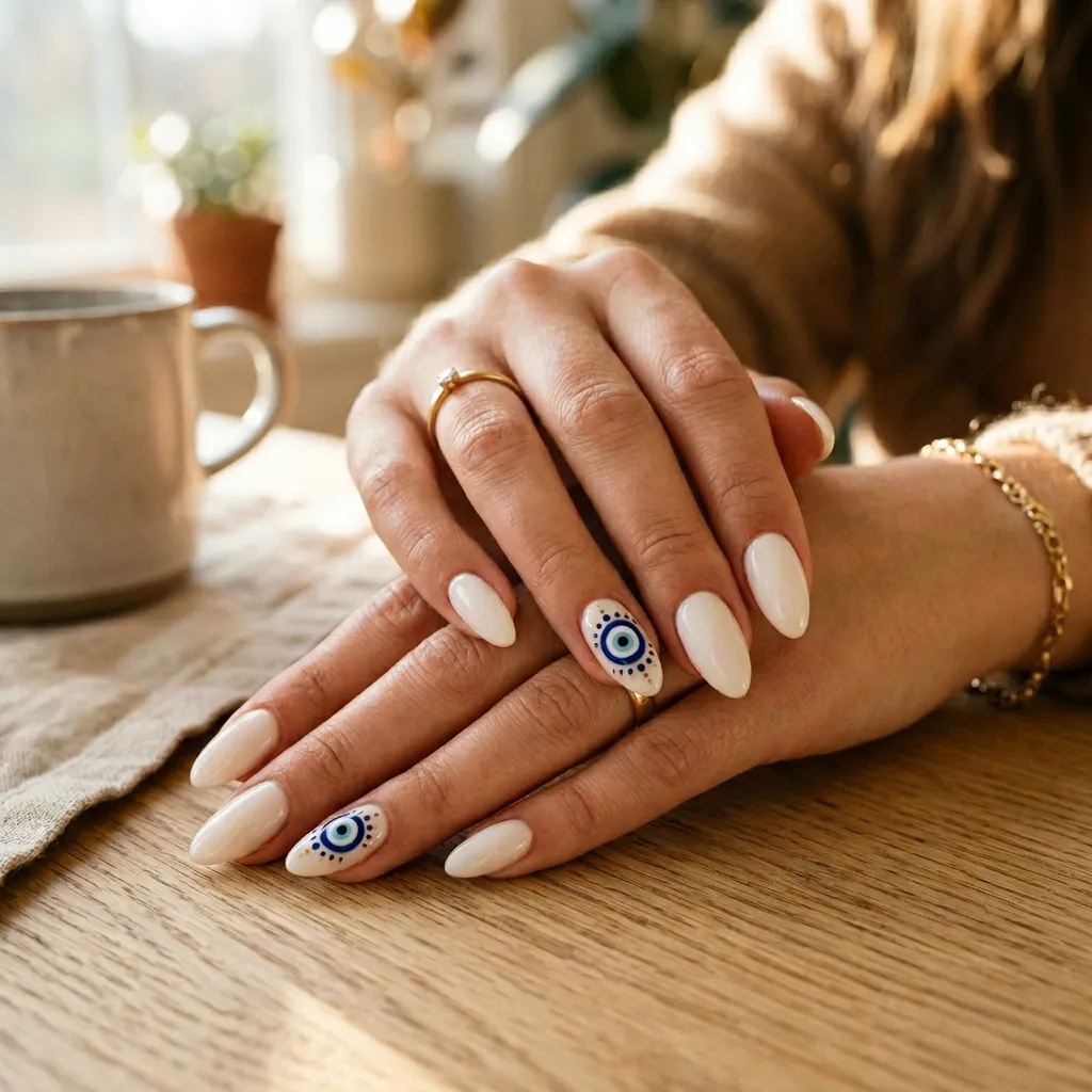 greek nails 2026 evil eye milky white set