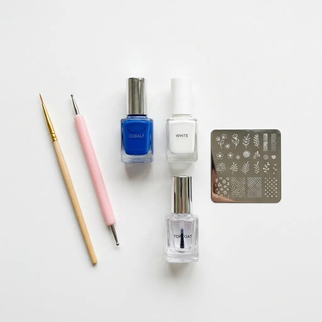 Nail art tools for DIY mediterranean nails &mdash; liner brush dotting tool and polish