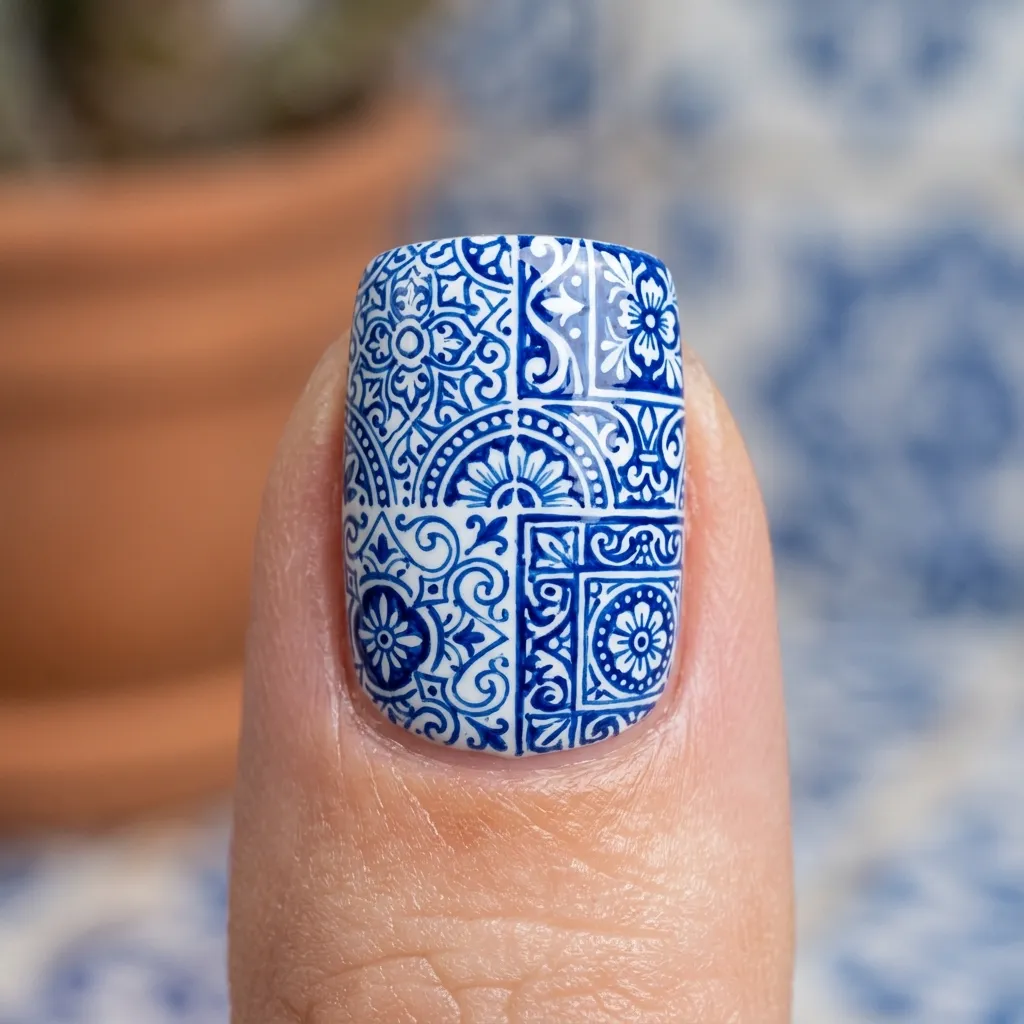 Mediterranean tile nails with hand-painted blue and white ceramic pattern