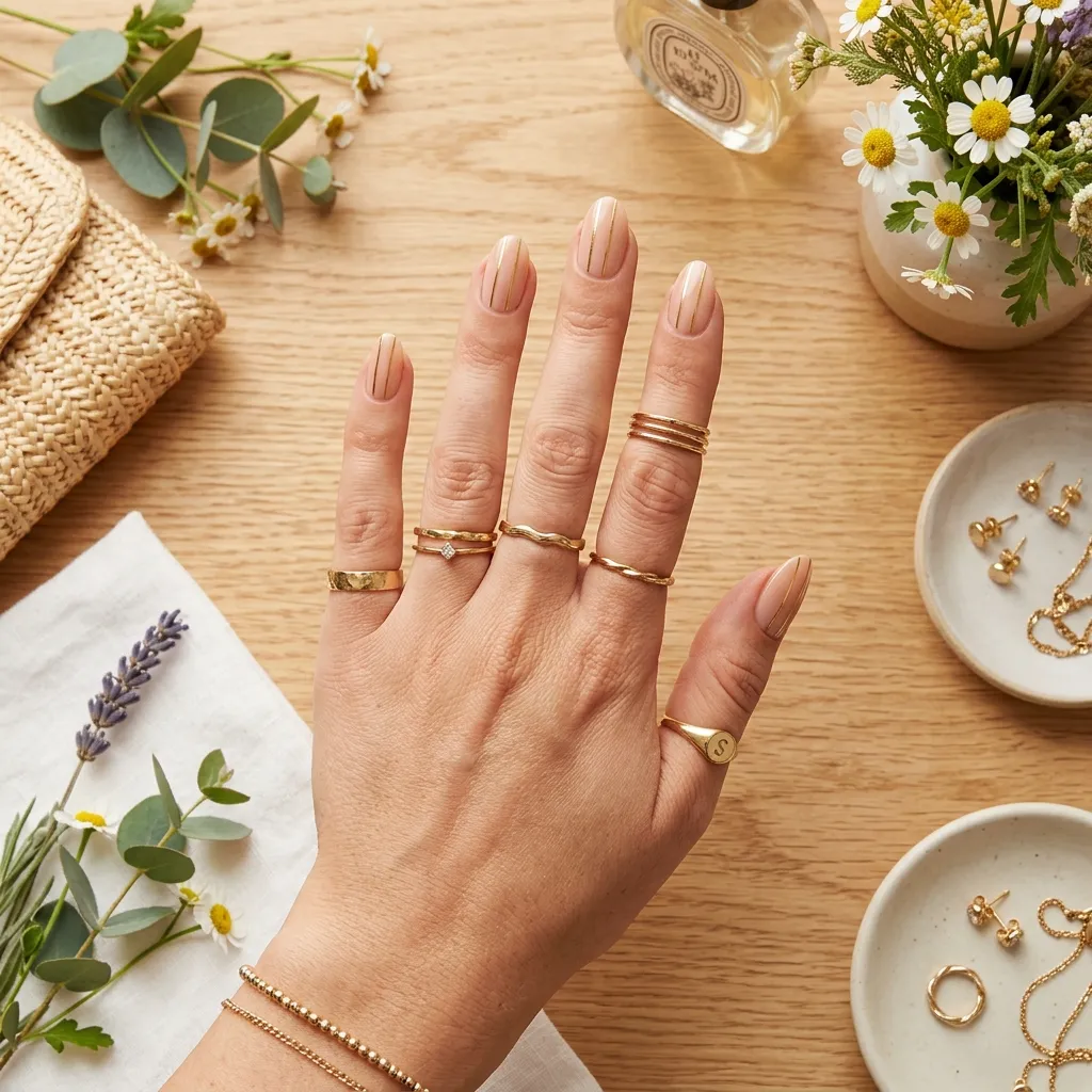 striped nails 2026 gold metallic stripe on nude base