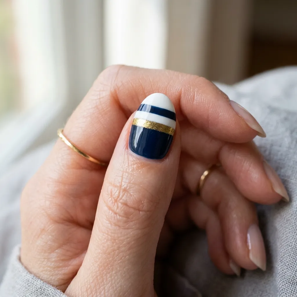 striped nails 2026 nautical navy gold white stripes
