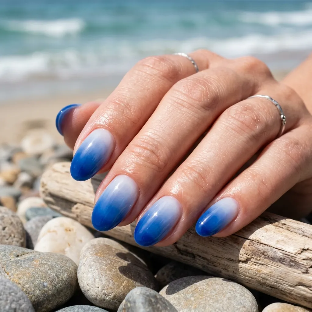 greek nails 2026 blue and white ombre design