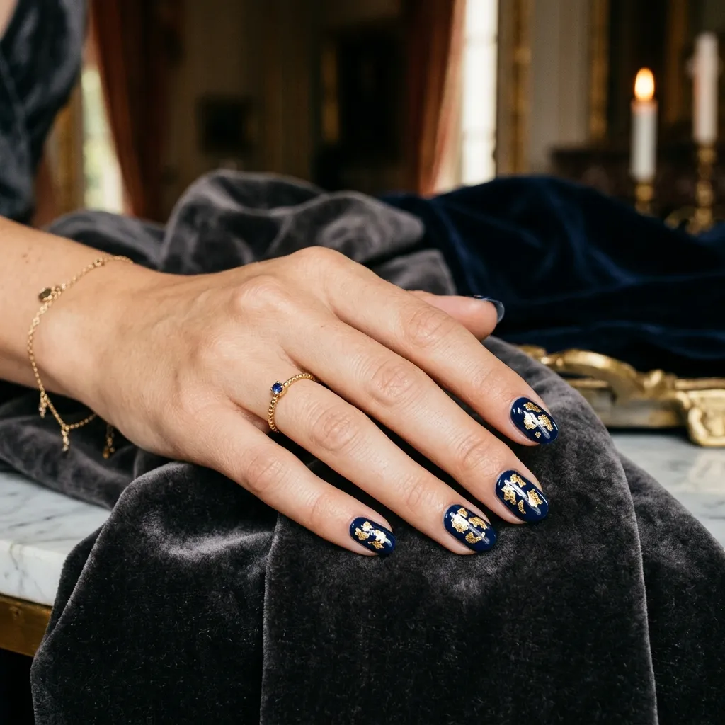 greek nails 2026 gold foil accent on navy